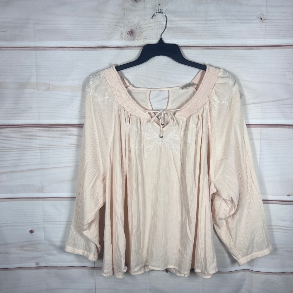 Nomad The Label Top Women XXL Pink Cotton Gauze Embroidered Boho Peasant Blouse
